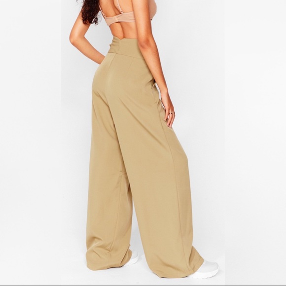 NWT Nasty Gal Khaki High-Waisted Wide-Leg Pants - Picture 4 of 9